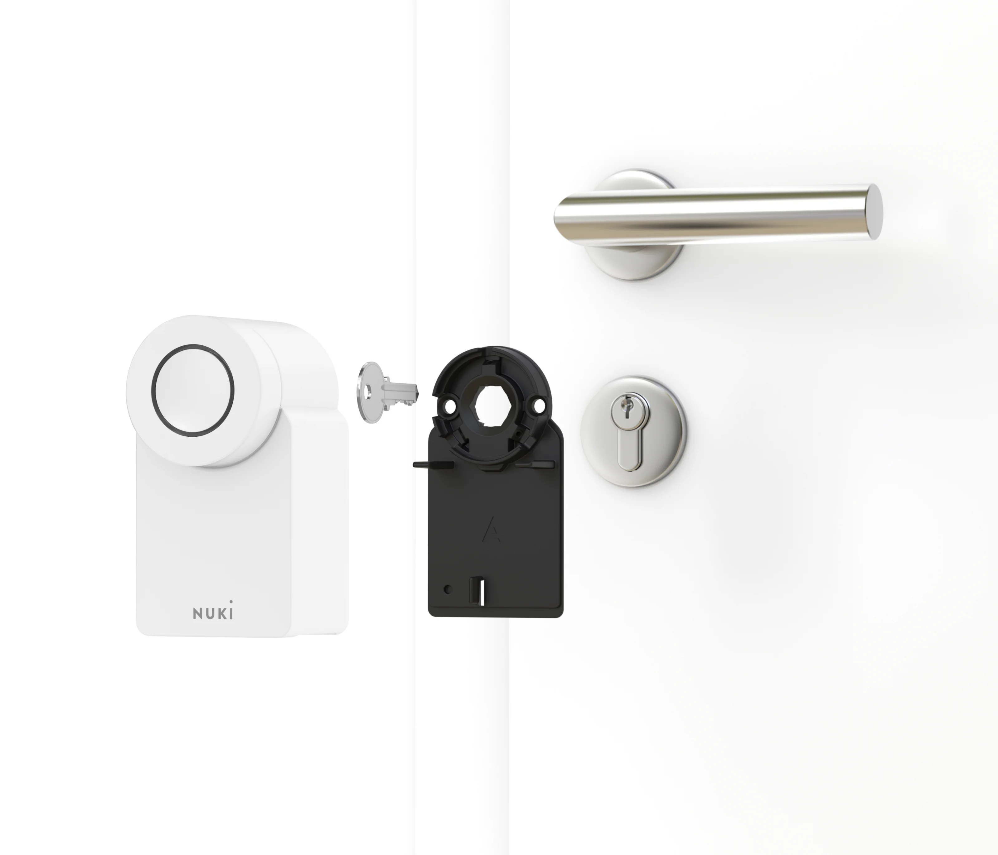 Nuki Smart Lock Go ve montaj plakasının patlatılmış görünümü: kapının iç tarafına basit kurulum